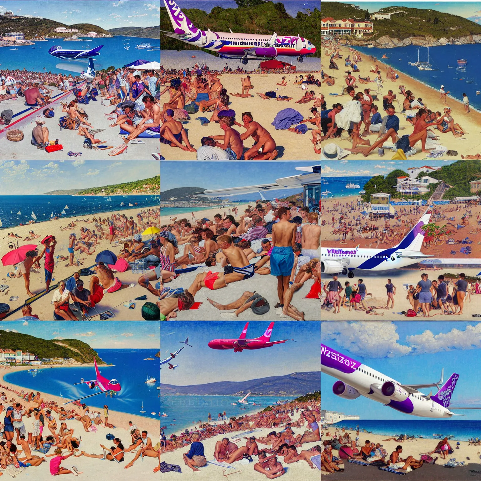 Prompt: wizzair airbus a 3 2 1 neo landing at skiathos airport, low over the heads of the people on the beach, highly detailed painting by norman rockwell, 8 k