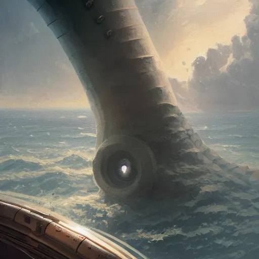 Image similar to The giant tentacle from the perspective of the spaceship porthole window, wide shot, broad detail, by Greg Rutkowski