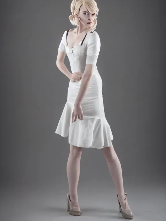 Prompt: 2 8 mm studio photo of seductive emily skinner cosplaying annie leonhart wearing tight white dress, beautiful face, pale skin, rule of thirds, cinematic lighting, sharp focus, backlit, stunning, smooth, hard focus, glamour pose, full body shot