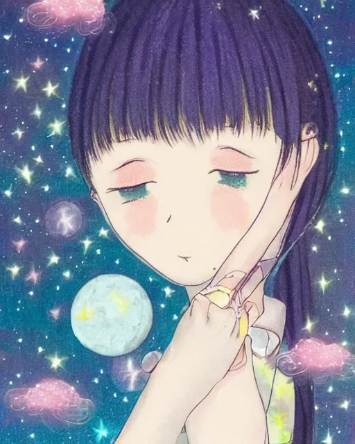 Prompt: a cute pastel night, Yukiko Sato is asleep, moon, starry, fireflies, her gorgeous luxurious black hair is lifted up as if underwater, blending into the night sky Milky Way, zero gravity hair, rule of thirds