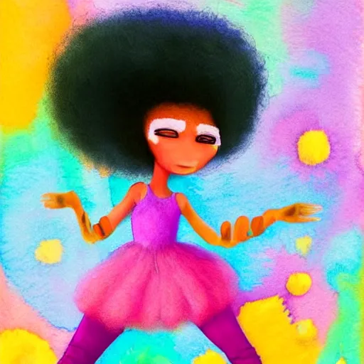 Image similar to a black girl with a colorful afro and big cute eyes doing ballet, bright colours, bokeh!! watercolor, volumetric wool felting, macro photography, children illustration, by goro fujita