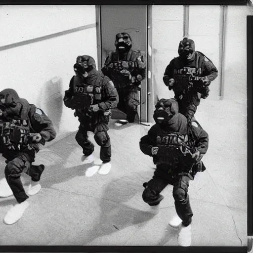 Prompt: Polaroid photo of a SWAT team of furry fursuiters engaging in a training exercise at the FBI Academy in Quantico.