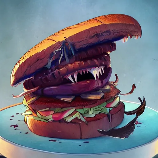 Image similar to giant carnivorous sandwich chasing the scared cat, artstation hq, dark phantasy, stylized, symmetry, modeled lighting, detailed, expressive, created by hayao miyazaki