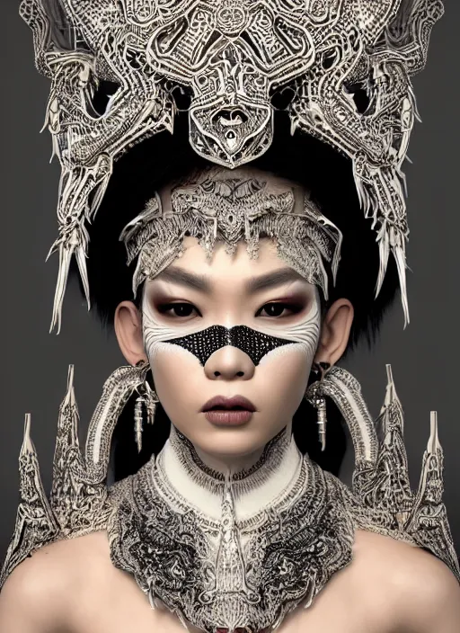 Prompt: a fierce looking beautiful young thai woman with symmetrical white makeup, wearing an intricate headdress made from bones and leather, wearing large earrings made from white bones, hyperdetailed illustration, intricate linework, in the style of a national geographic portrait, unreal engine 5 highly rendered, global illumination, radiant light, detailed and intricate environment