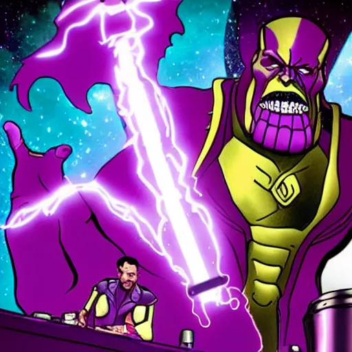 Image similar to thanos is a d. j. spinning records at an off the hook basement party, listening to d. j. jazzy jeff, red solo cups and people partying