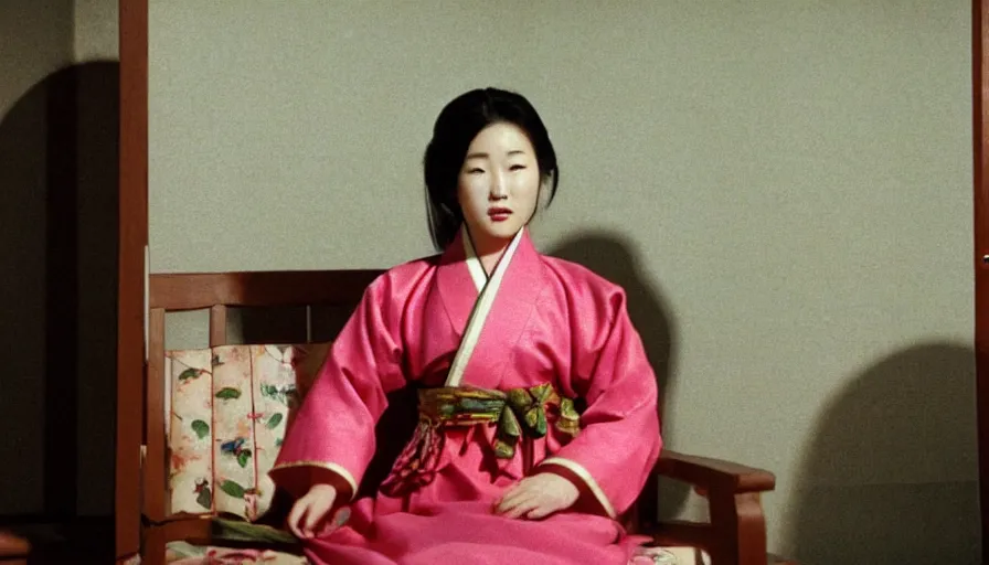Prompt: a filmstill of a woman in a hanbok sitting on a couch, traditional korean interior, kaiju starfish shadow behind a screen door, cinematography by Akira Kurosawa