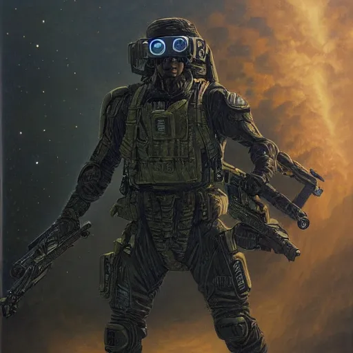 Prompt: painting of a futuristic soldier with advanced night vision goggles, military black outfit by jeff easley and peter elson, surreal + highly detailed, intricate complexity, epic composition, scifi atmosphere + masterpiece, award winning + trending on artstation