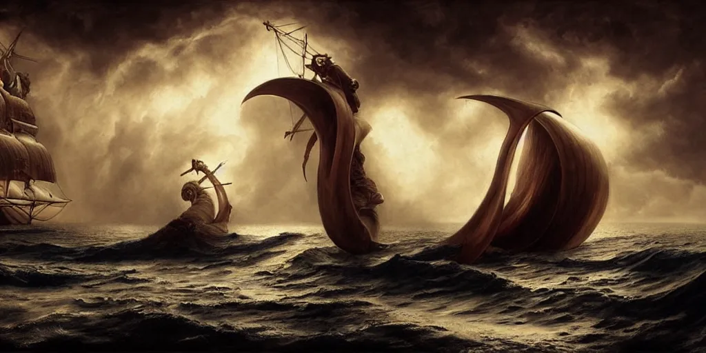 Image similar to Odysseus's ship sailing past a sea serpent, by Rolf Armstrong and Evelyn De Morgan and Bastien Lecouffe-Deharme, dramatic lighting, high contrast colors, baroque, empyrean, panoramic view, as trending on Artstation, highly detailed, doom engine,