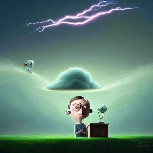 Image similar to Sheldon cooper failed experiment Funny cartoonish, sheldon cooper mad scientist cartoonish, lightnings and smoke, by Gediminas Pranckevicius H 704