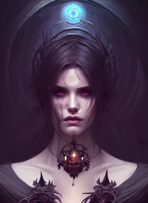 Image similar to Necromancer Sorceress, fantasy magic, undercut hairstyle, dark light night, intricate, elegant, sharp focus, illustration, highly detailed, digital painting, concept art, matte, art by WLOP and Artgerm and Greg Rutkowski and Alphonse Mucha, masterpiece