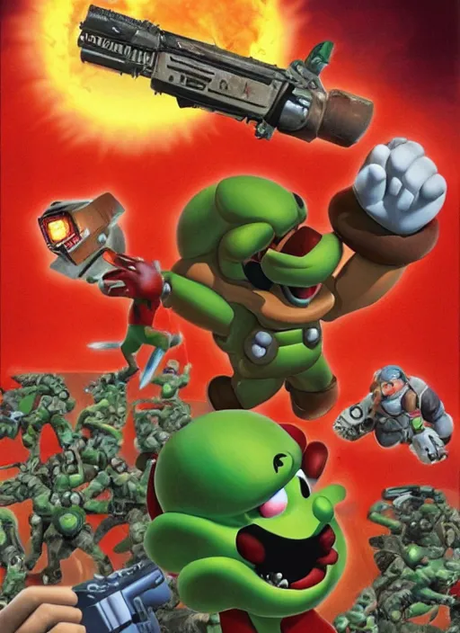 Prompt: Doomguy vs Mario, movie cover art