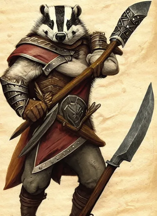 Image similar to a heroic badger paladin with great axe on a parchment background, redwall, greg rutowski and jean baptiste monge, detailed, epic fantasy concept art