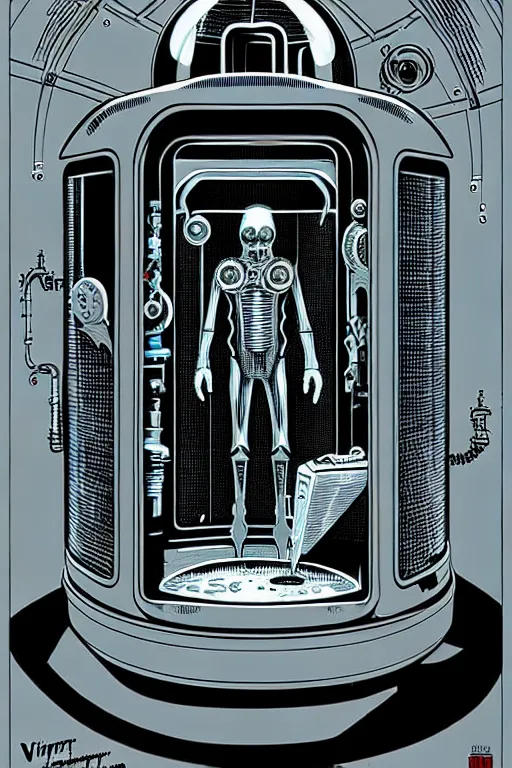 Image similar to steampunk cryo chamber containing friendly grey alien, high details, intricately detailed, by vincent di fate, inking, 3 color screen print, masterpiece, trending on artstation,, sharp, details, hyper - detailed, hd, 4 k, 8 k