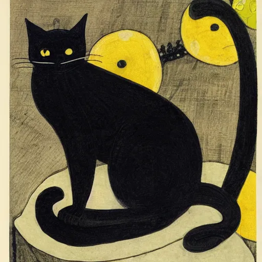 Prompt: a sitting black cat with yellow eyes by tsuguharu foujita, with a background, highly detailed, high quality, restored, historical art piece