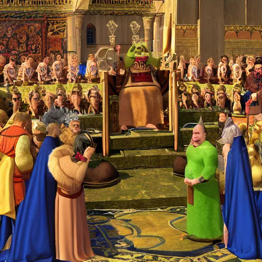 Prompt: shrek is crowned as the byzantine emperor, oil on canvas, 1 8 9 3, high quality, high resolution