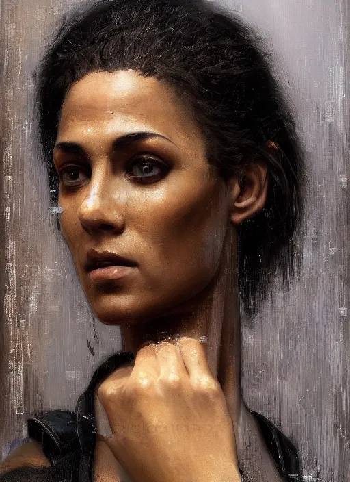 Prompt: Maria. beautiful cyberpunk policewoman wearing a military vest and military stealthsuit (cyberpunk 2077). gorgeous face. african woman. Iranian orientalist portrait by john william waterhouse and Edwin Longsden Long and Theodore Ralli and Nasreddine Dinet, oil on canvas. Cinematic, hyper realism, realistic proportions, dramatic lighting, high detail 4k