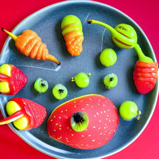 Image similar to alien fruits on a plate, fruits from a different planet, realistic, extraterrestrial