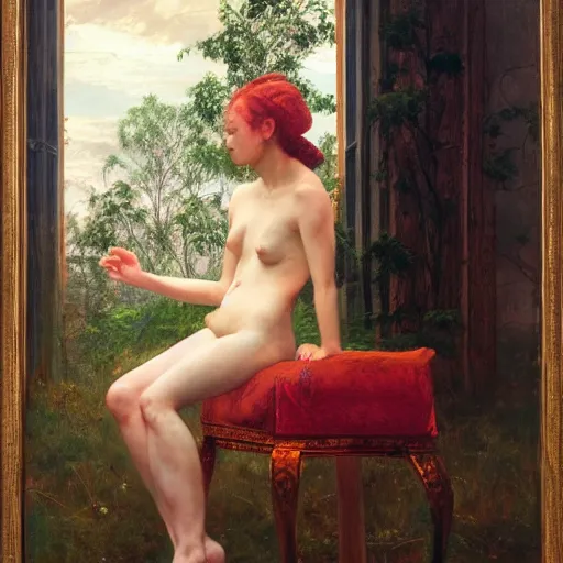 Prompt: painting by frederic edwin church, balaskas christoper, conrad roset, coby whitmore, and chie yoshii. of a beautiful girl sitting on a stool facing away from viewer in bungalow