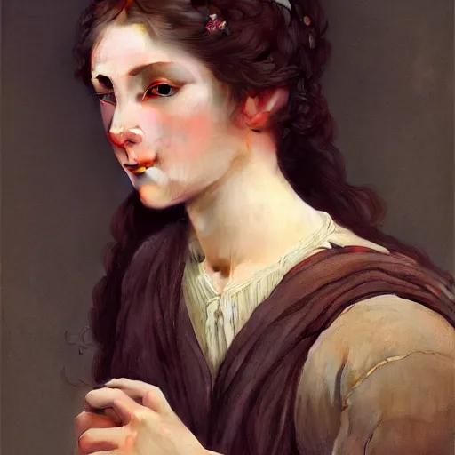 Image similar to Portrait of beautiful pale peasant girl, cinematic lighting, intricate, elegant, highly detailed, digital painting, artstation, smooth, sharp focus, illustration, art by artgerm and greg rutkowski and alphonse mucha and Wayne Barlowe and william-adolphe bouguereau