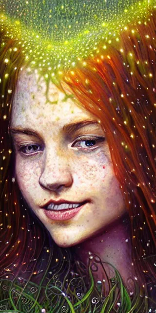 Image similar to infp young woman, smiling amazed, golden fireflies lights, sitting in the midst of nature fully covered, long loose red hair, intricate linework, green eyes, small nose with freckles, oval shape face, realistic, expressive emotions, dramatic lights spiritual scene, hyper realistic ultrafine art by michael cheval, jessica rossier, boris vallejo