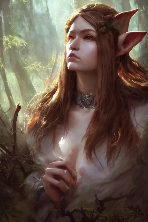 Image similar to dungeons and dragons forest elf character closeup portrait, dramatic light, dungeon background, 2 0 0 mm focal length, painted by stanley lau, painted by greg rutkowski, painted by stanley artgerm, brom, digital art, trending on artstation