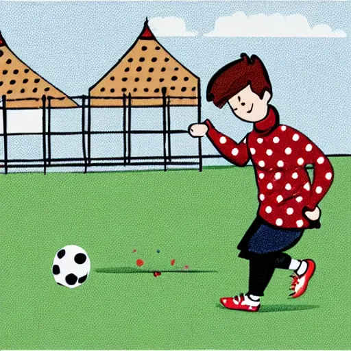 Image similar to illustration of french boy in paris playing football against a corgi, the corgi is wearing a polka dot scarf