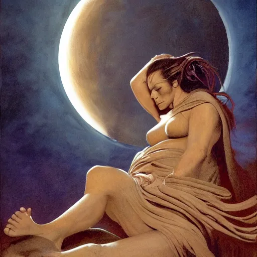 Image similar to sleep of wise old beautiful woman face Desert Spirit, under unresolved evil moon illusion, in the style of Frank Frazetta, Jeff Easley, Caravaggio, extremely clear and coherent, clear lines, 8K resolution, epic masterpiece, detailed, intricate