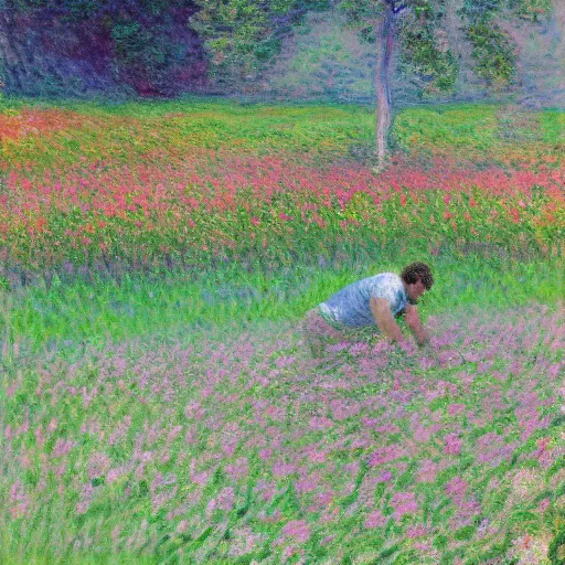 Image similar to Dwayne Johnson frolicking in a field of flowers, painting by Claude Monet, colorful