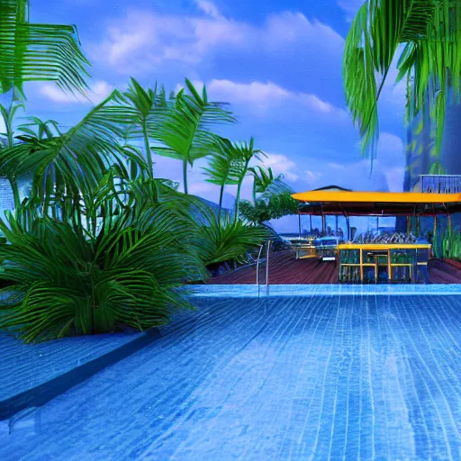 Prompt: a bar made with translucid fabric, swimming pool in front, parametric, blue hour, hyperrealistic, elevation, vray, unreal engine, lush tropical plants