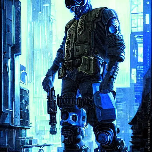 Image similar to cyberpunk hunter, atmospheric lighting, painted, intricate, blue and grey hour, ultra detailed by simon bisley