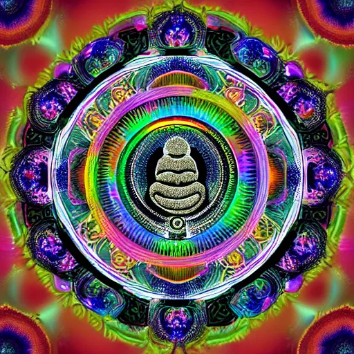 Image similar to rainbowcore, black buddha glowing, surrounded by lotus, with the sun shining with the moon, with detailed mandala filled with fractals, bioluminescence, glowing runes, de-noise, symmetrical composition, high detailed +, ornate border, 32k