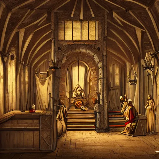Prompt: medieval chamber with closeup of king, royalty, courtisans, monks, artstation, fantasy, high details, digital art