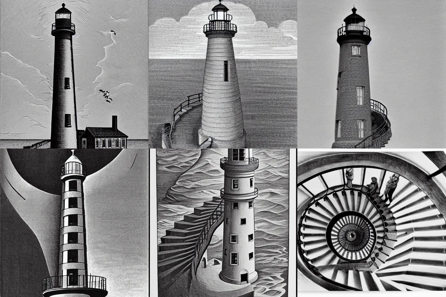 Prompt: Lighthouse with a spiral staircase, by M. C. Escher