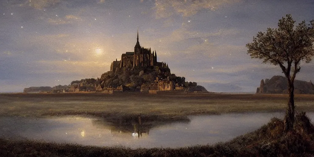 Prompt: masterpiece oil painting portraying mont saint michel in the style of romanticism landscape painters with a tree on the foreground,beautiful!!!!!!!,misty!!!!!!!!!,detailed!!!!!!!,night sky,evocative,reflection in the water,photorealistic,chiaroscuro,soft lighting