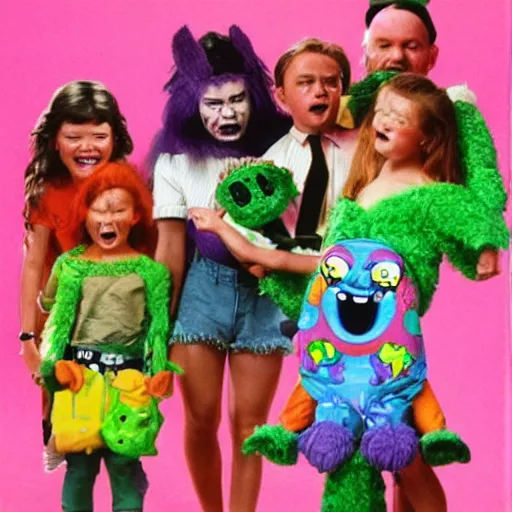 Prompt: a 9 0 s television commercial depicting evil sour patch kids scaring a group of crying children