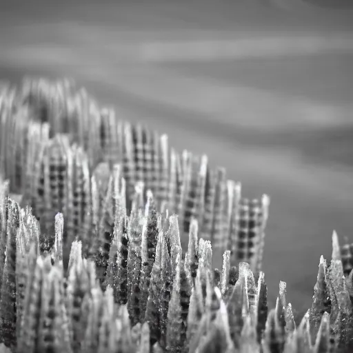 Image similar to a photograph of an infinite field of ice cream cones. shallow depth - of - field. bugs'view.