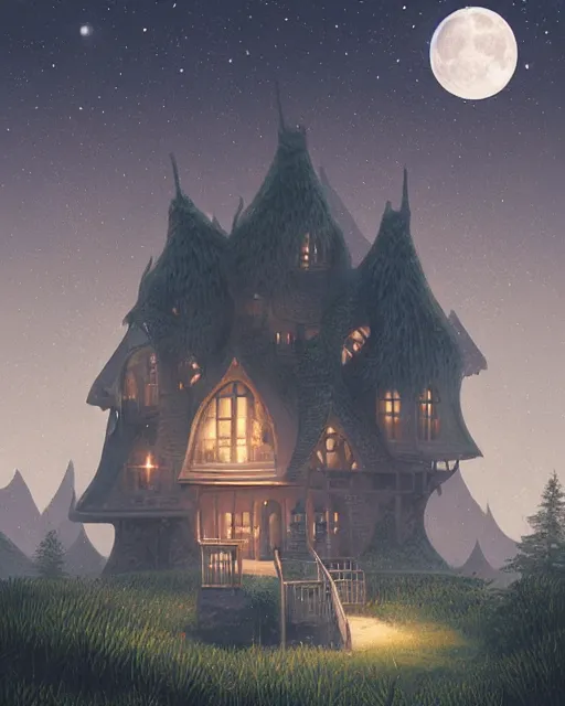 Image similar to beautiful painting of a serene moon at night over a elven house, art by mike winkelmann, sky night, illustration, highly detailed, simple, smooth and clean vector curves, no jagged lines, vector art, smooth, artstation