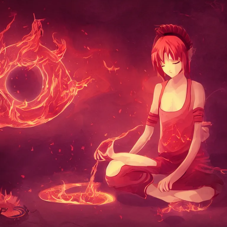 Prompt: a 2 d illustration of character, the teenager nezha sit in meditation in the fire, full body, cute, fantasy, close - up, red flame background, 8 k