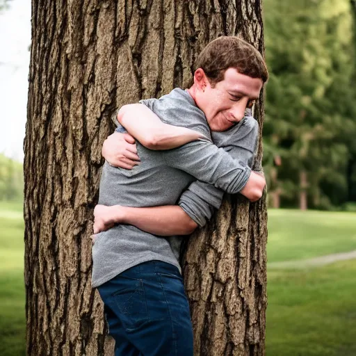 Prompt: high quality photo of mark zuckerberg hugging a tree, photography 4k, f1.8 anamorphic, bokeh, 4k, Canon, Nikon