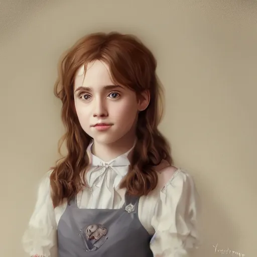 Prompt: Hermione Granger as a young girl in house maid clothes art drawn in art style of WLOP full HD 4K highest quality realistic beautiful gorgeous natural WLOP artist painting