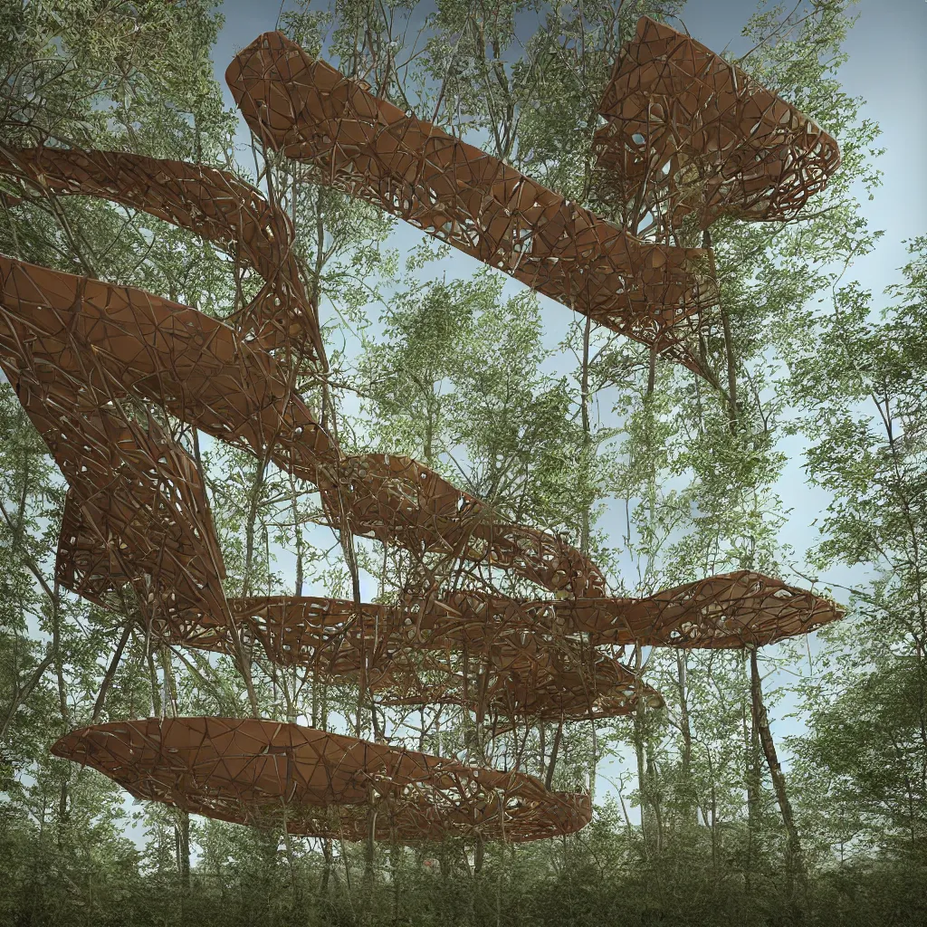 Prompt: “Hyper realistic, double helix shaped corten steel observation tower in a forest, Future design, architecture design, parametric architecture, covers by textile, environment, morning light, Cinematography, mega scans, cinematic, hyper realistic, photo real, cinematic composition, highly detailed, vray, 8k render”