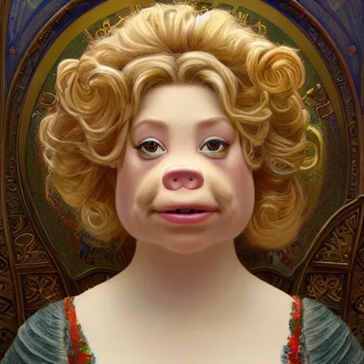 Image similar to Epic Masterpiece head and shoulders portrait of Miss Piggy drawn by Donato Giancola and Tom Bagshaw, Edmund Leighton, Alphonse Mucha, background by James Jean and Gustav Klimt, 4k, porcelain skin, volumetric lighting, komorebi, french nouveau, trending on artstation, octane render, hyperrealistic