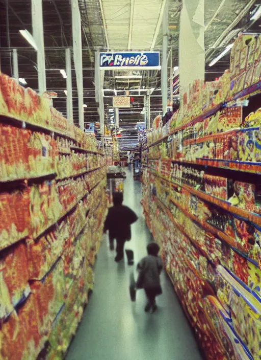 Image similar to first person view. walking through a costco in 1 9 9 7. blurry polaroid. simple composition. wes anderson