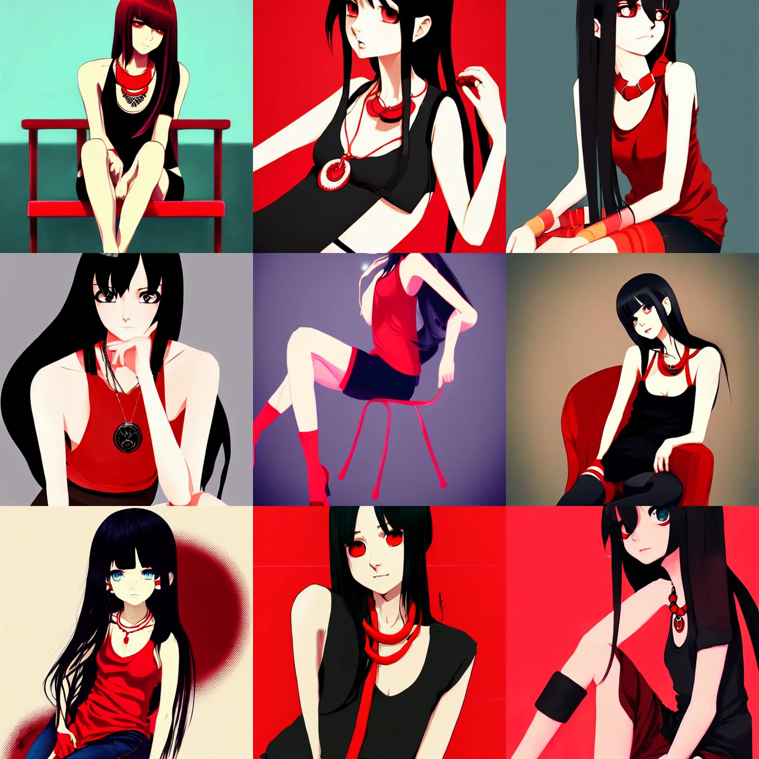 Prompt: sexy girl with long black hair, wearing a low cut tanktop and red necklace, sitting in a chair, red and black color palette, in the style of and ilya kuvshinov, high quality anime artstyle, intricate