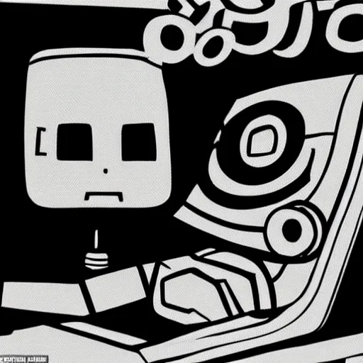 Image similar to A robot that creates images is tired and starts to sleep. Around him people are impatient that he wakes up again