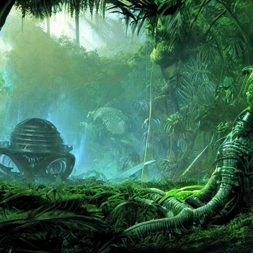 Image similar to alien artifacts in the jungle, lost alien tech, ancient alien tools and houses, tropical forest, moss, glowing alien circles and monuments, alien relic, syd mead, john harris, art station