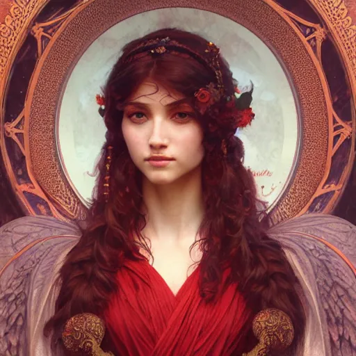 Image similar to portrait of scarlet goddess, intricate, elegant, highly detailed, digital painting, artstation, concept art, smooth, sharp focus, illustration, art by artgerm and greg rutkowski and alphonse mucha and william - adolphe bouguereau