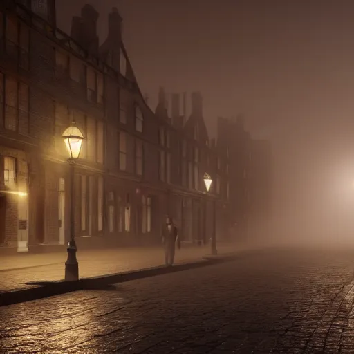 Prompt: Misty Victorian London street at night, gas lanterns, horse drawn carriages, heavy mist, soft lighting, realistic octane render, 8k