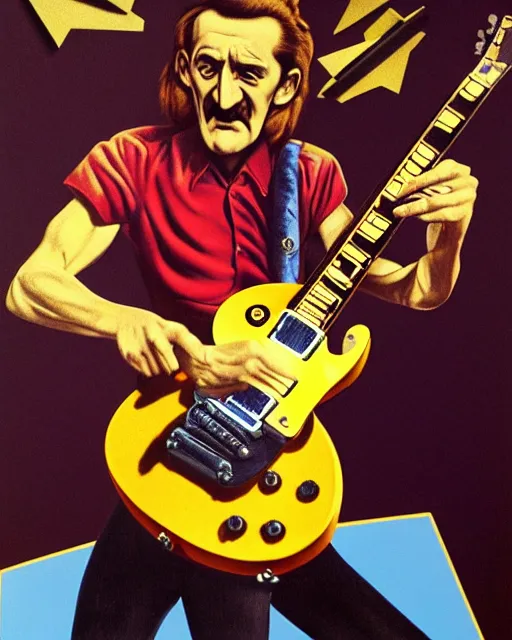 Image similar to barry chuckle ( shredding on a gibson les paul. guitar solo, bold, art by stanisław szukalski, 3 d 8 k )