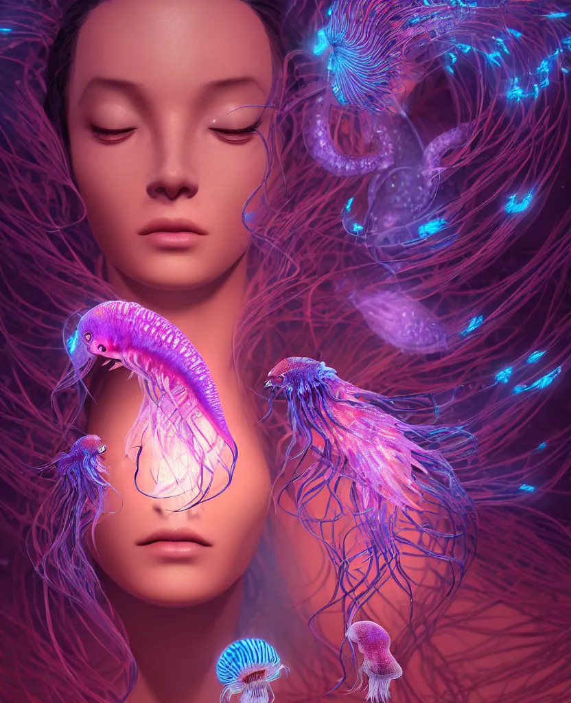 Image similar to goddess close-up portrait. orchid jellyfish phoenix head, nautilus, skull, betta fish, bioluminiscent creatures, intricate artwork by Tooth Wu and wlop and beeple. octane render, trending on artstation, greg rutkowski very coherent symmetrical artwork. cinematic, hyper realism, high detail, octane render, 8k